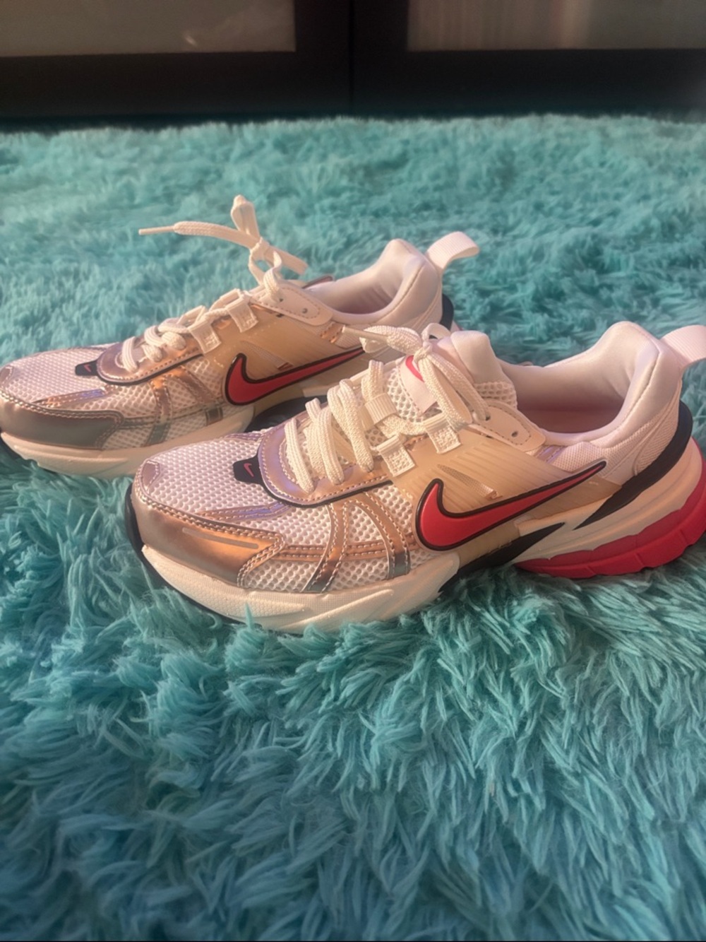 Nike V2K Run Sneakers with Pink Swoosh and Rose Gold Overlays